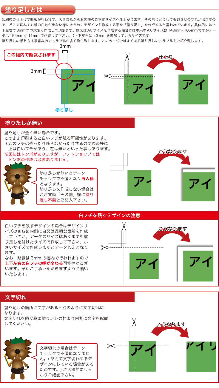 白いフチを残すデザインの場合はトンボの枠内だけでなくさらに内側に白い箇所を作成して下さい。
なお、断裁は3mmの幅内で行われますので上下左右の白フチの幅が変わる可能性がございます。予めご了承いただきますようお願いいたします。文字切れの場合はデータチェックで不備になりません。(あえて文字切れするデザインにしている場合があるためです。)ご入稿前にしっかりご確認下さい。塗り足しの箇所に文字があると図のように文字切れに
なります。
文字切れを防ぐ為にトンボの枠より内側に文字を配置
してください。塗り足しが無いとデータチェックで不備となり再入稿となります。
塗り足しを作成しない場合はご注文時「その他」欄に塗り足し不要とご記入下さい。塗り足しが全く無い状態です。
このまま印刷すると白いフチが残る可能性があります。
＊このフチは残ったり残らなかったりするので図の様に
　上は白いフチがあり、左は無いといった事もあります。印刷後、天地左右3mmづつの幅で断裁を行います。3mmの幅のどこで切れてもいいように断裁の幅にもデザインを施すことを「塗り足し」といいます。以下によくある塗り足しと文字切れの例をご案内致します。