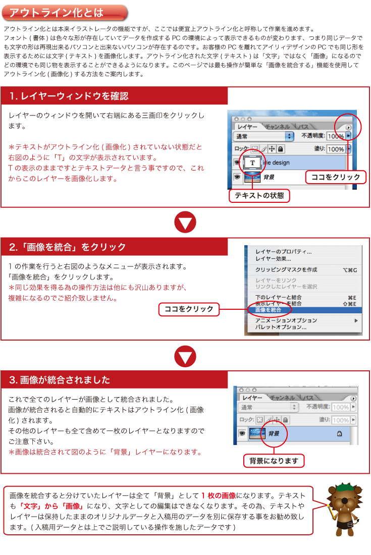 これで全てのレイヤーが画像として統合されました。画像が統合されると自動的にテキストはアウトライン化(画像化)されます。
その他のレイヤーも全て含めて一枚のレイヤーとなりますのでご注意下さい。
＊画像は統合されて図のように「背景」レイヤーになります。1の作業を行うと右図のようなメニューが表示されます。
「画像を統合」をクリックします。
＊同じ効果を得る為の操作方法は他にも沢山ありますが、
複雑になるのでご紹介致しません。
レイヤーのウィンドウを開いて右端にある三画印をクリックします。

＊テキストがアウトライン化(画像化)されていない状態だと右図のように「T」の文字が表示されています。
Tの表示のままですとテキストデータと言う事ですので、これからこのレイヤーを画像化します。アウトライン化とは本来イラストレータの機能ですが、ここでは便宜上アウトライン化と呼称して作業を進めます。
フォント(書体)は色々な形が存在していてデータを作成するPCの環境によって表示できるものが変わります、つまり同じデータでも文字の形は再現出来るパソコンと出来ないパソコンが存在するのです。お客様のPCを離れてアイリィデザインのPCでも同じ形を表示するためには文字(テキスト)を画像化します。アウトライン化された文字(テキスト)は「文字」ではなく「画像」になるのでどの環境でも同じ物を表示することができるようになります。このページでは最も操作が簡単な「画像を統合する」機能を使用して
アウトライン化(画像化)する方法をご案内します。画像を統合すると分けていたレイヤーは全て「背景」として1枚の画像になります。テキストも「文字」から「画像」になり、文字としての編集はできなくなります。その為、テキストやレイヤーは保持したままのオリジナルデータと入稿用のデータを別に保存する事をお勧め致します。(入稿用データとは上でご説明している操作を施したデータです)
画像を統合したデータは「別名で保存」することをお勧め致します。