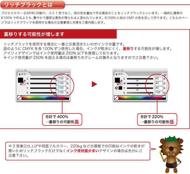 リッチブラックを使用する場合に一番ご注意頂きたいのがインクの量です。
図のようにCMYKを各100%ずつ使用した場合、インクが乾きにくく、裏移りする可能性が増します。
アイリィデザインではインク使用量は250%以下を推奨しております。
＊インク使用量が250%を超える場合は裏移りのクレーム対象外となりますのでご注意下さい。プロセスカラー(CMYK)印刷で、スミ1色でなく、他の色を重ねて作る黒色のことをリッチブラックといいます。一般的に通常のK100%で作るよりも、艶やかで濃密な黒色が得られると言われています。K100%に他のCMYの色を足して作ります。こちらのページではリッチブラックを使用する場合の注意事項と対策をご案内致します。中2営業日仕上げや両面フルカラー、220kgなどの厚紙での印刷はインクの乾きが悪いためリッチブラックだけでなくインク使用量が多いデザインの場合は充分にご注意下さい。
