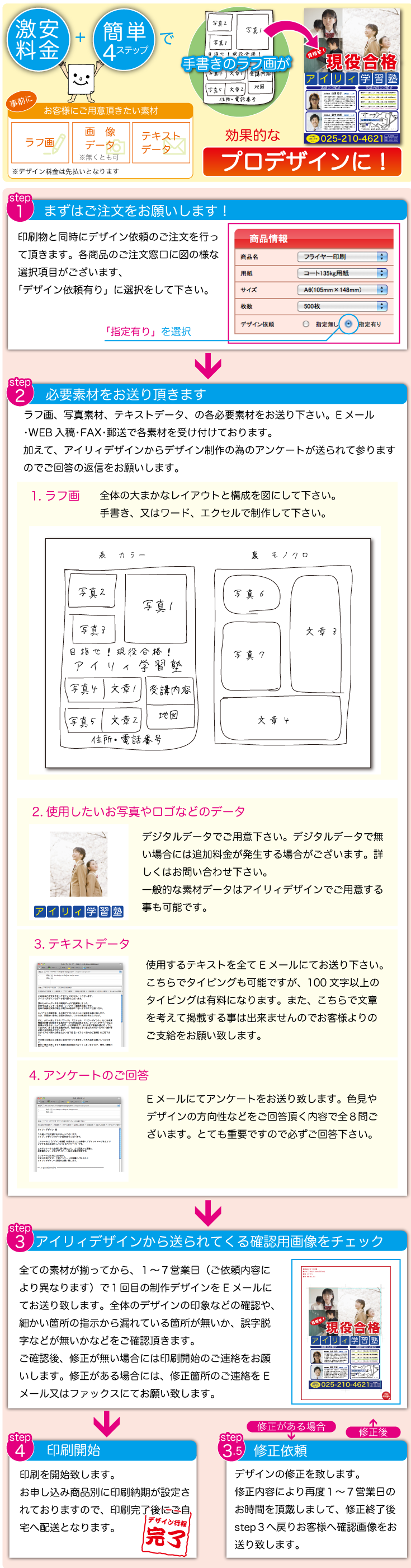 印刷物と同時にデザイン依頼のご注文を行って頂きます。各商品のご注文窓口に図の様な選択項目がございます、
「デザイン依頼有り」に選択をして下さい。印刷を開始致します。
お申し込み商品別に印刷納期が設定されておりますので、印刷完了後にご自宅へ配送となります。デジタルデータでご用意下さい。デジタルデータで無い場合には追加料金が発生する場合がございます。詳しくはお問い合わせ下さい。
一般的な素材データはアイリィデザインでご用意する事も可能です。全体の大まかなレイアウトと構成を図にして下さい。
手書き、又はワード、エクセルで制作して下さい。デザインの修正を致します。
修正内容により再度１〜７営業日のお時間を頂戴しまして、修正終了後step３へ戻りお客様へ確認画像をお送り致します。
全ての素材が揃ってから、１〜７営業日（ご依頼内容により異なります）で１回目の制作デザインをEメールにてお送り致します。全体のデザインの印象などの確認や、細かい箇所の指示から漏れている箇所が無いか、誤字脱字などが無いかなどをご確認頂きます。
ご確認後、修正が無い場合には印刷開始のご連絡をお願いします。修正がある場合には、修正箇所のご連絡をEメール又はファックスにてお願い致します。Eメールにてアンケートをお送り致します。色見やデザインの方向性などをご回答頂く内容で全８問ございます。とても重要ですので必ずご回答下さい。使用するテキストを全てEメールにてお送り下さい。こちらでタイピングも可能ですが、100文字以上のタイピングは有料になります。また、こちらで文章を考えて掲載する事は出来ませんのでお客様よりのご支給をお願い致します。ラフ画、写真素材、テキストデータ、の各必要素材をお送り下さい。
プラス、アイリィデザインからデザイン制作の為のアンケートが送られて参ります
のでご回答の返信をお願いします。