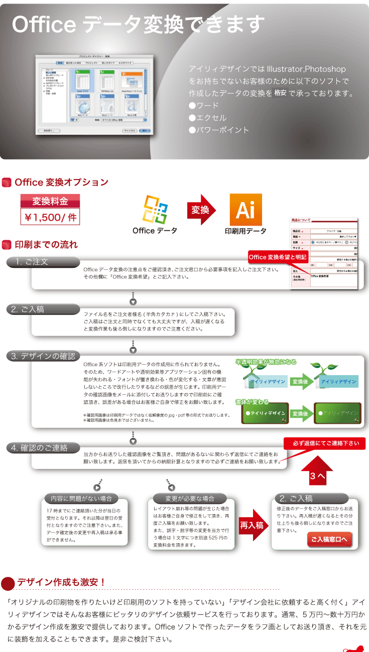 アイリィデザインではIllustrator,Photoshop
をお持ちでないお客様のために以下のソフトで
作成したデータの変換を無料で承っております。
●ワード
●エクセル
●パワーポイント修正後のデータをご入稿窓口からお送り下さい。再入稿が遅くなるとその分仕上りも後ろ倒しになりますのでご注意下さい。レイアウト崩れ等の問題が生じた場合はお客様ご自身で修正をして頂き、再度ご入稿をお願い致します。
また、誤字・脱字等の変更を当方で行う場合は1文字につき別途525円の変換料金を頂きます。17時までにご連絡頂いた分が当日の受付となります。それ以降は翌日の受付となりますのでご注意下さい。また、データ確定後の変更や再入稿は承る事ができません。ファイル名をご注文者様名(半角カタカナ)にしてご入稿下さい。
ご入稿はご注文と同時でなくても大丈夫ですが、入稿が遅くなると変換作業も後ろ倒しになりますのでご注意ください。Officeデータ変換の注意点をご確認頂き、ご注文窓口から必要事項を記入しご注文下さい。
その他欄に「Office変換希望」とご記入下さい。当方からお送りした確認画像をご覧頂き、問題があるないに関わらず返信にてご連絡をお願い致します。返信を頂いてからの納期計算となりますので必ずご連絡をお願い致します。Office系ソフトは印刷用データの作成用に作られておりません。そのため、ワードアートや透明効果等アプリケーション固有の機能が失われる・フォントが置き換わる・色が変化する・文章が意図しないところで改行したりするなどの誤差が生じます。印刷用データの確認画像をメールに添付してお送りしますので印刷前にご確認頂き、誤差がある場合はお客様ご自身で修正をお願い致します。＊確認用画像は印刷用データではなく低解像度のjpg・pdf等の形式でお送りします。
＊確認用画像は色見本ではございません。