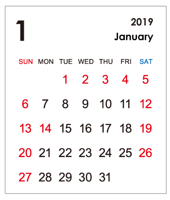 2019年1月カレンダー