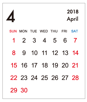 2018年4月カレンダー