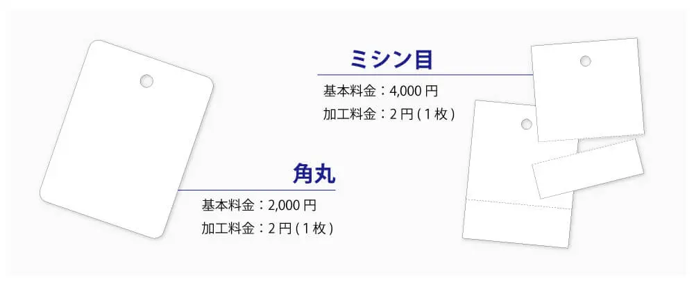 商品タグ印刷にミシン目加工や角丸加工などで更にグレードアップ可能です。