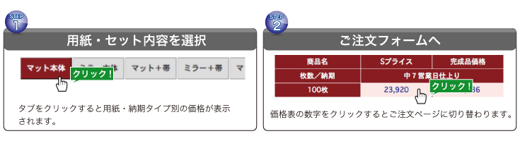 ステップ１、用紙セット内容を選択。ステップ２ご注文へ