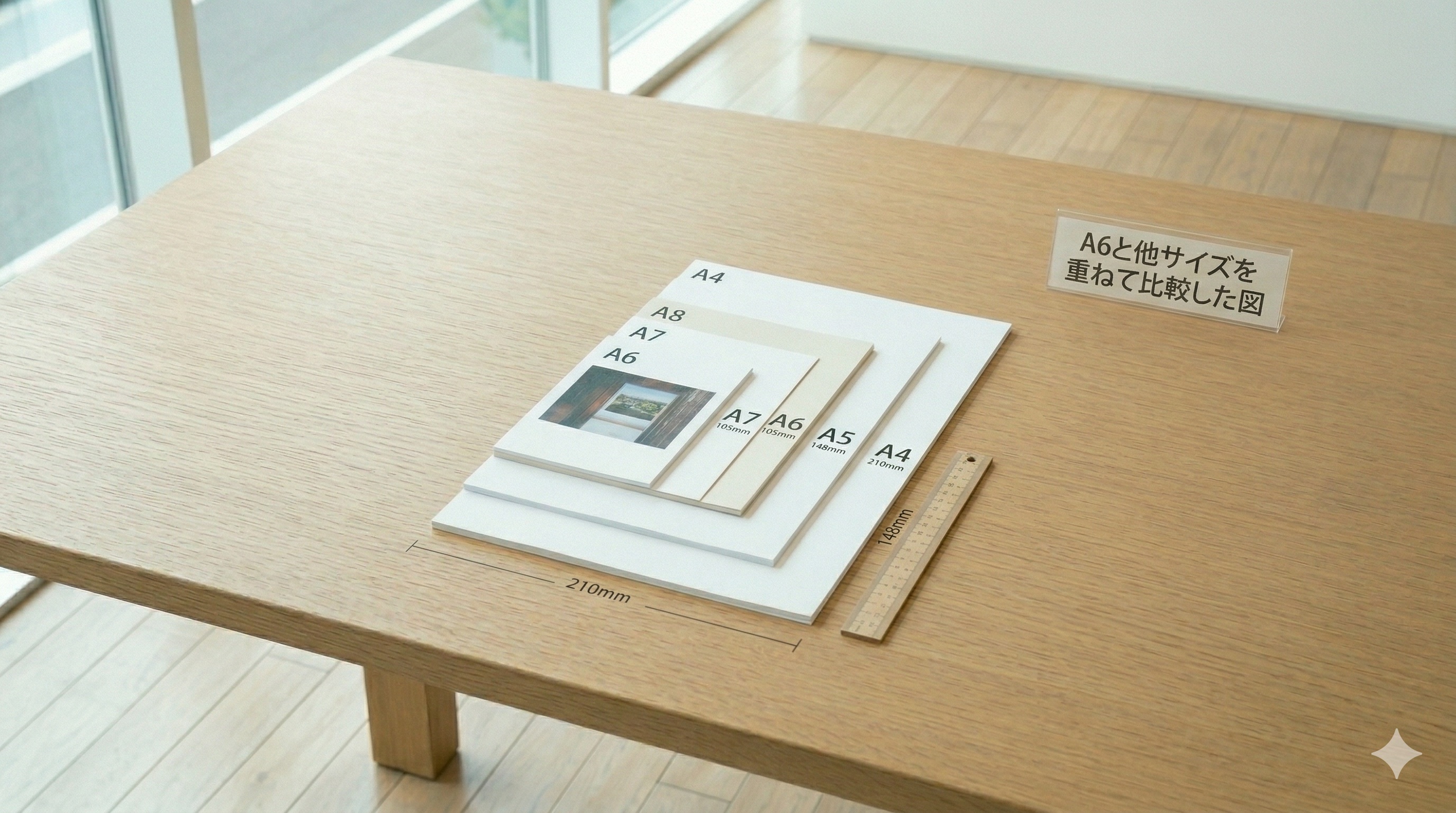 A6サイズの代表的な用途（はがき・チラシ・カード）を図解