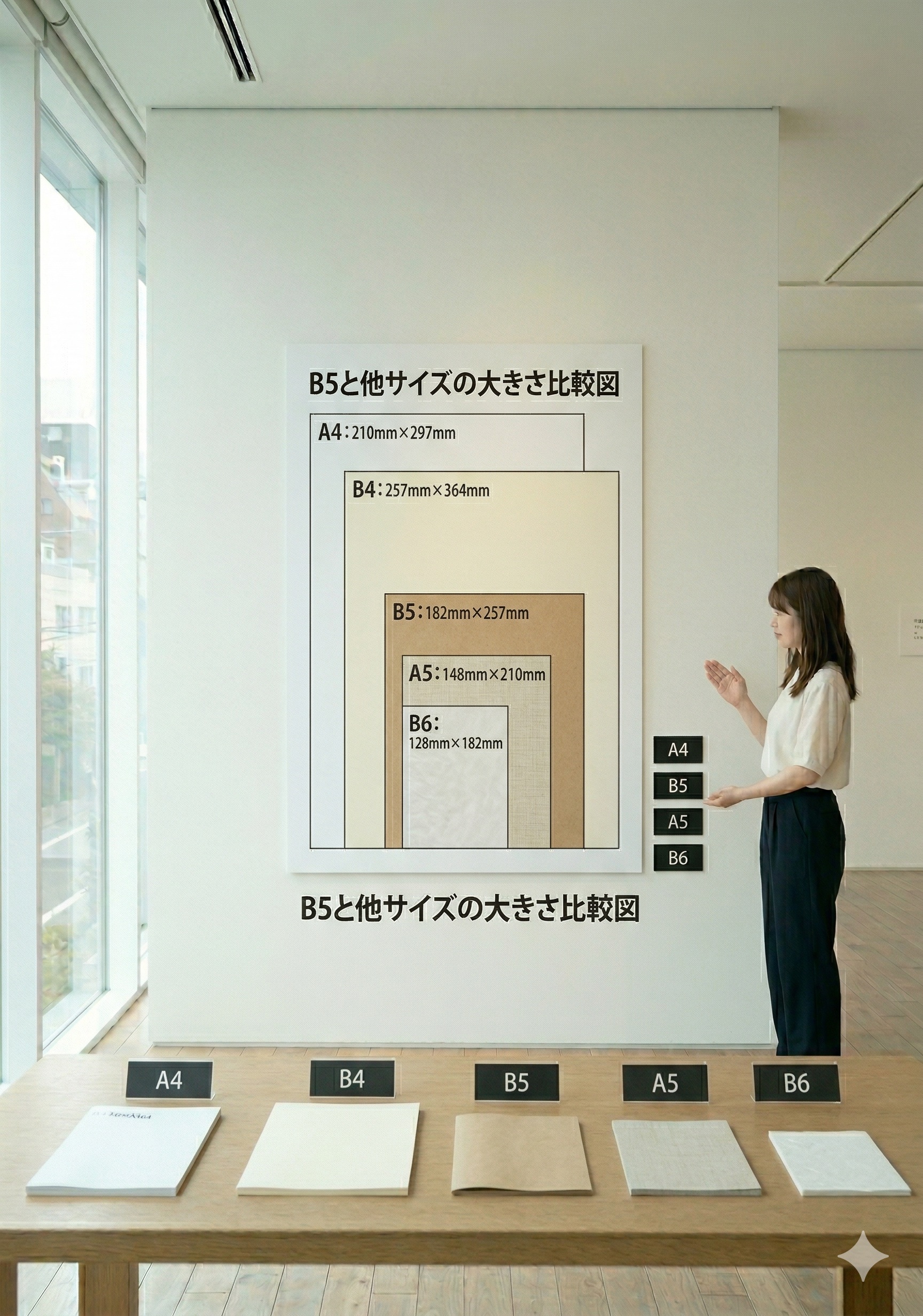 B5と他のB判サイズ（B4・B6）およびA4との大きさ比較図