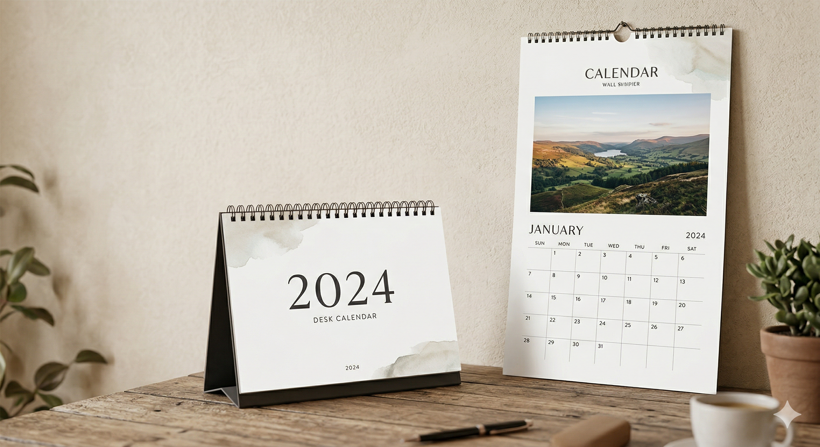 卓上カレンダーと壁掛けカレンダーがデスクに並んだ写真