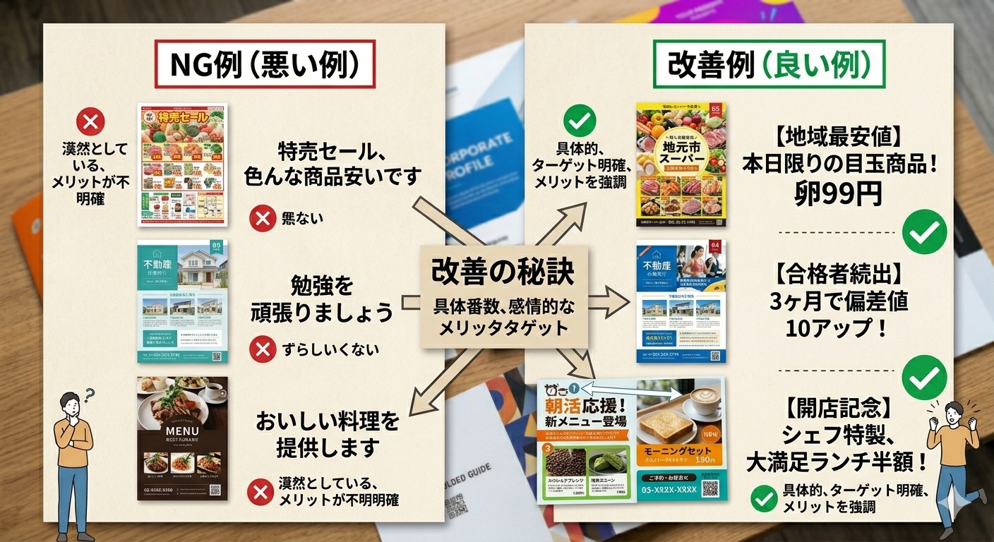 効果的なキャッチコピーとNGキャッチコピーの比較（Before/After形式）