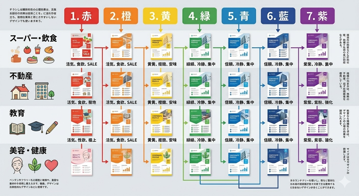 色の心理効果を業種別チラシで示した例（赤=飲食、青=企業、緑=健康など）