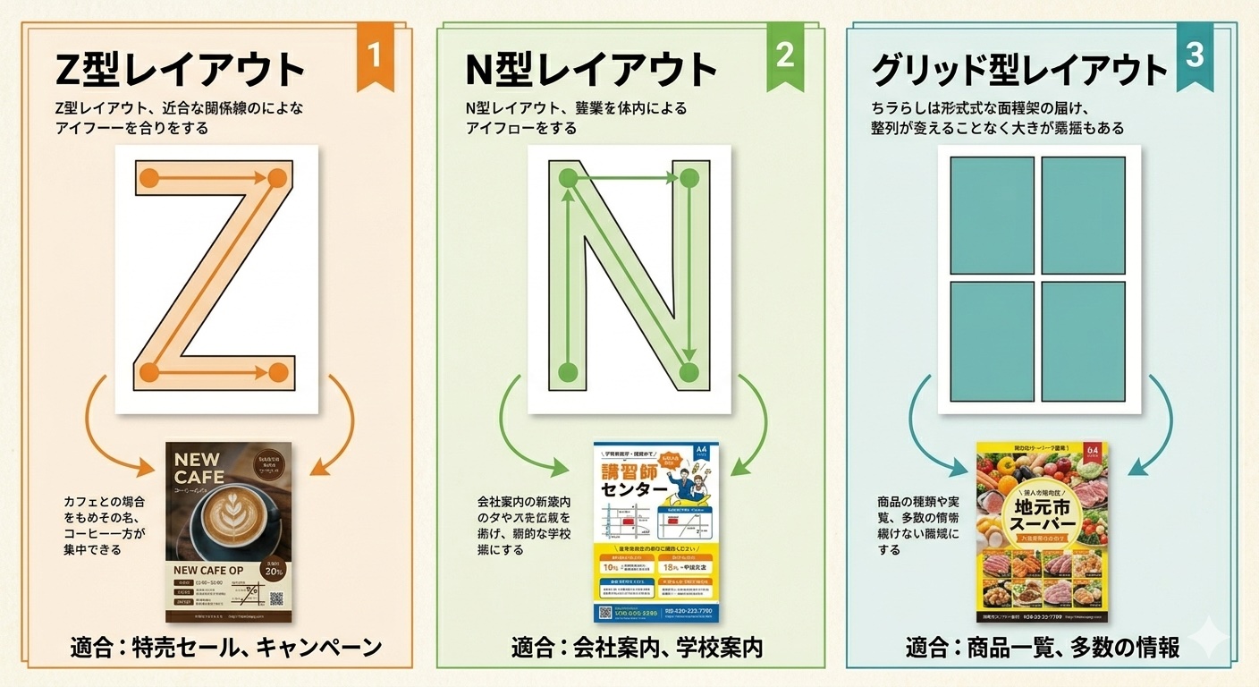 デザインの異なるチラシが複数並んでいる写真（飲食・不動産・イベント・美容室など業種別）