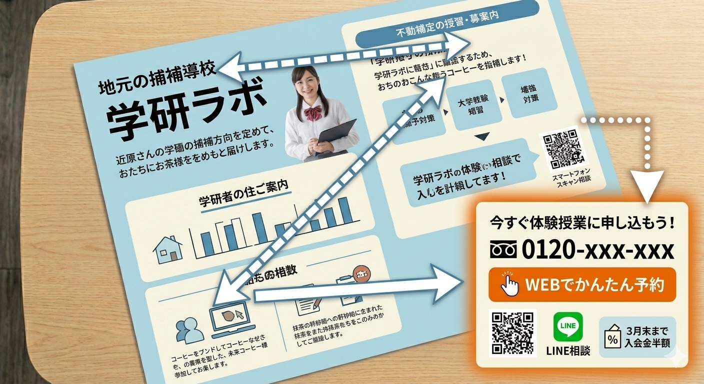 チラシ上のCTA配置のベストプラクティス（右下に電話番号・QRコード・地図をまとめた例）