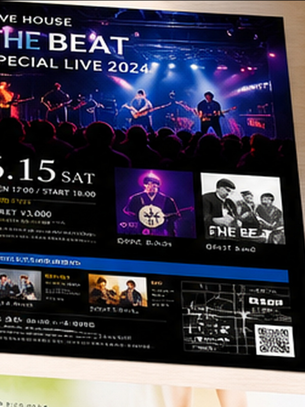 イベント・ライブ集客のA4フライヤー作例。黒背景にビビッドな赤・黄、大きなタイトル文字、日時を強調（推奨600×800px）
