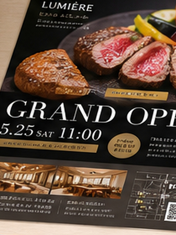 飲食店のオープン告知A4チラシ作例。料理のシズル写真を大きく使い、赤・オレンジの暖色配色、クーポン付き（推奨600×800px）
