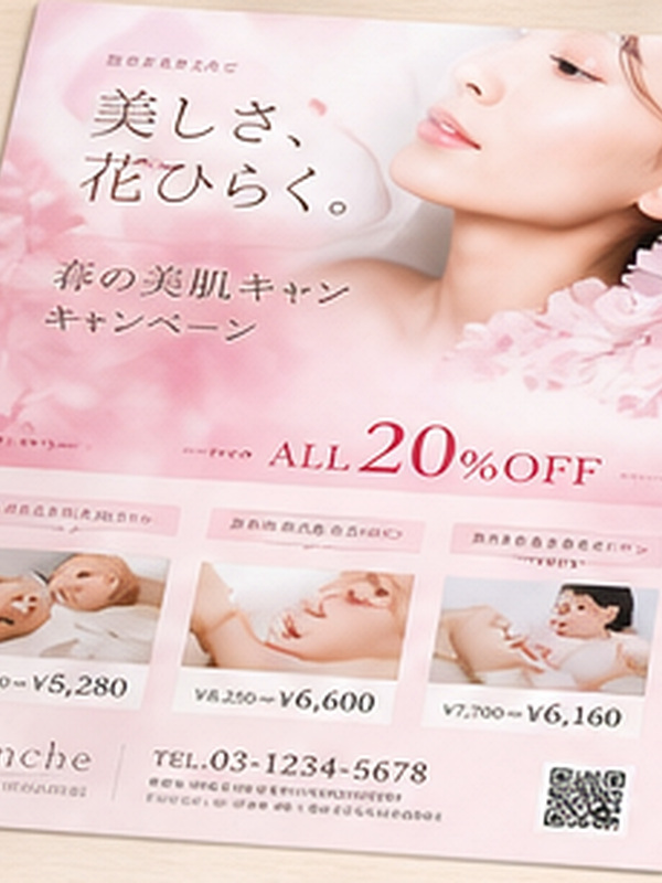 美容室・サロンの新規来店キャンペーンA4チラシ作例。ピンク・白基調で余白が広く上品、施術写真を1点添える（推奨600×800px）