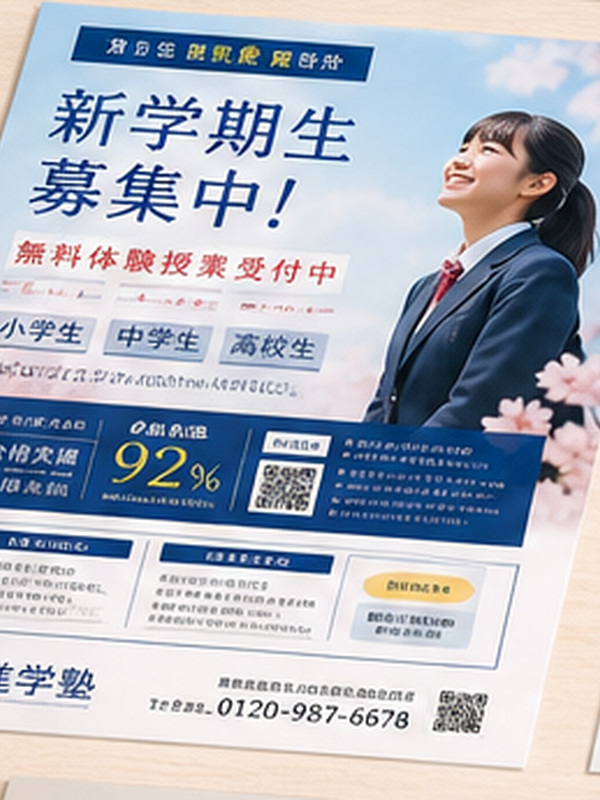学習塾・スクールの体験授業告知A4チラシ作例。青・紺基調、合格実績の数字を大きく、生徒の表情写真（推奨600×800px）