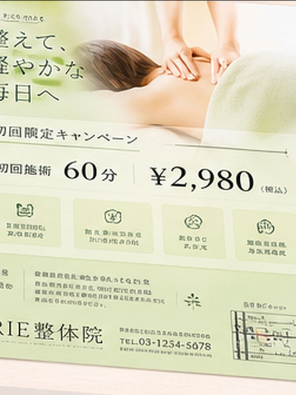整体・治療院の初回キャンペーンA4チラシ作例。緑・ベージュ基調、施術写真、肩こり・腰痛の悩み訴求（推奨600×800px）