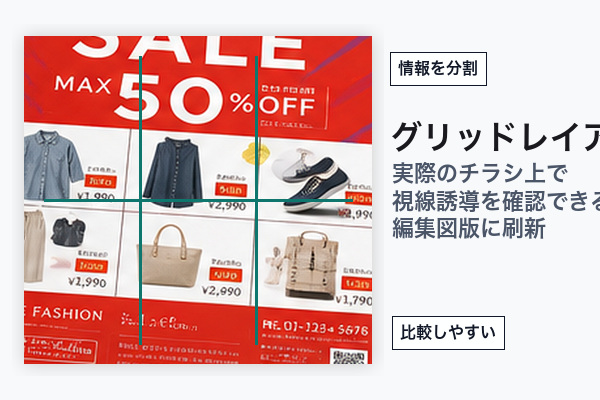 グリッド型レイアウトの実例: 2〜4分割された格子状にメニューが整理されたチラシ (推奨600×400px)