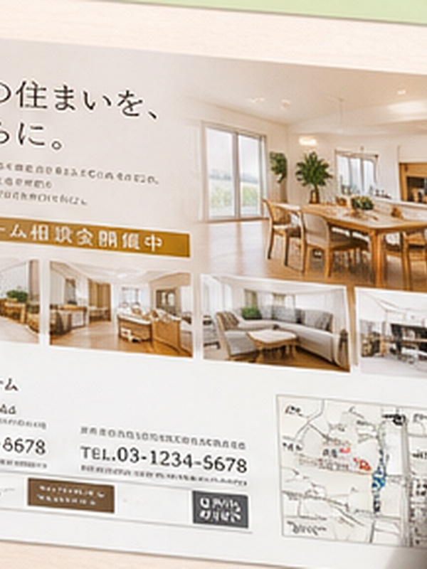 不動産物件案内チラシのデザイン実績 (推奨600×800px・紺系・信頼感)