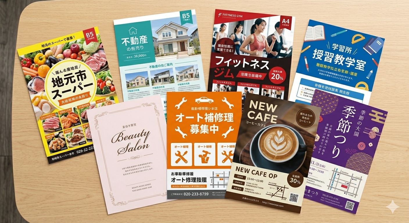 反響率の高いチラシのデザイン例が複数並んでいる写真（飲食・美容・不動産など業種別）