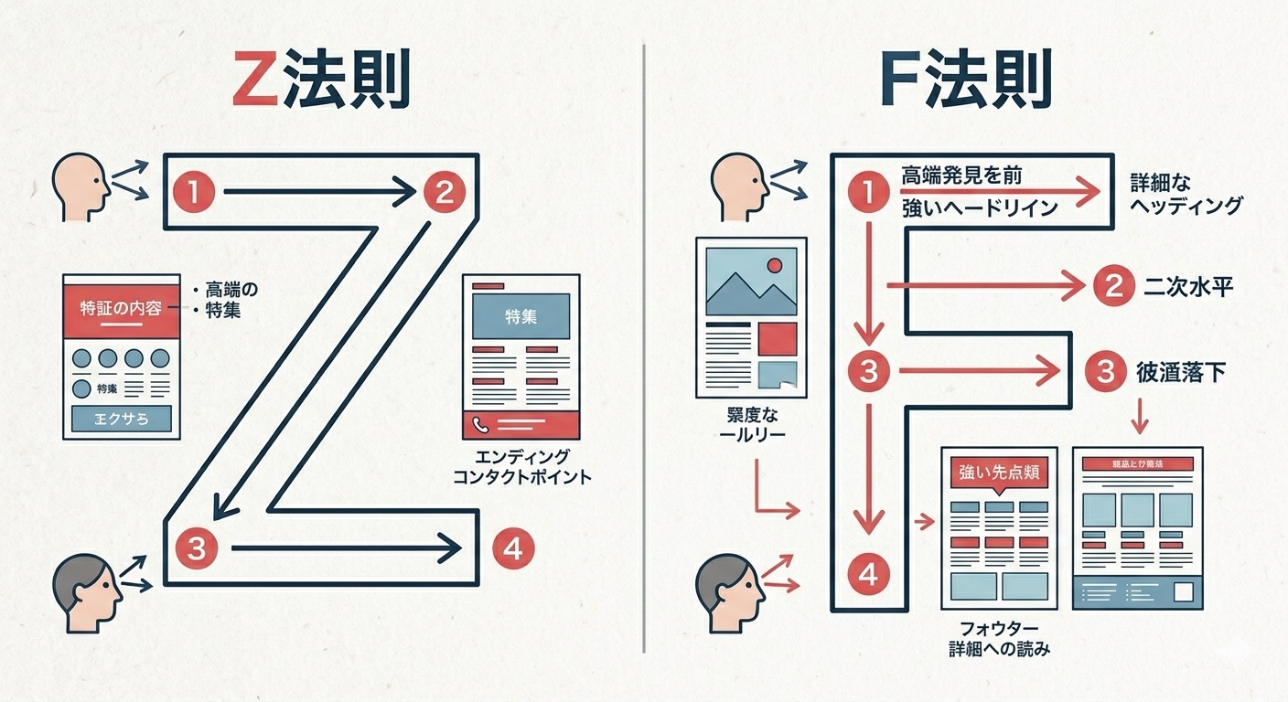 チラシ上のZの法則とFの法則の視線移動を矢印で示した図解