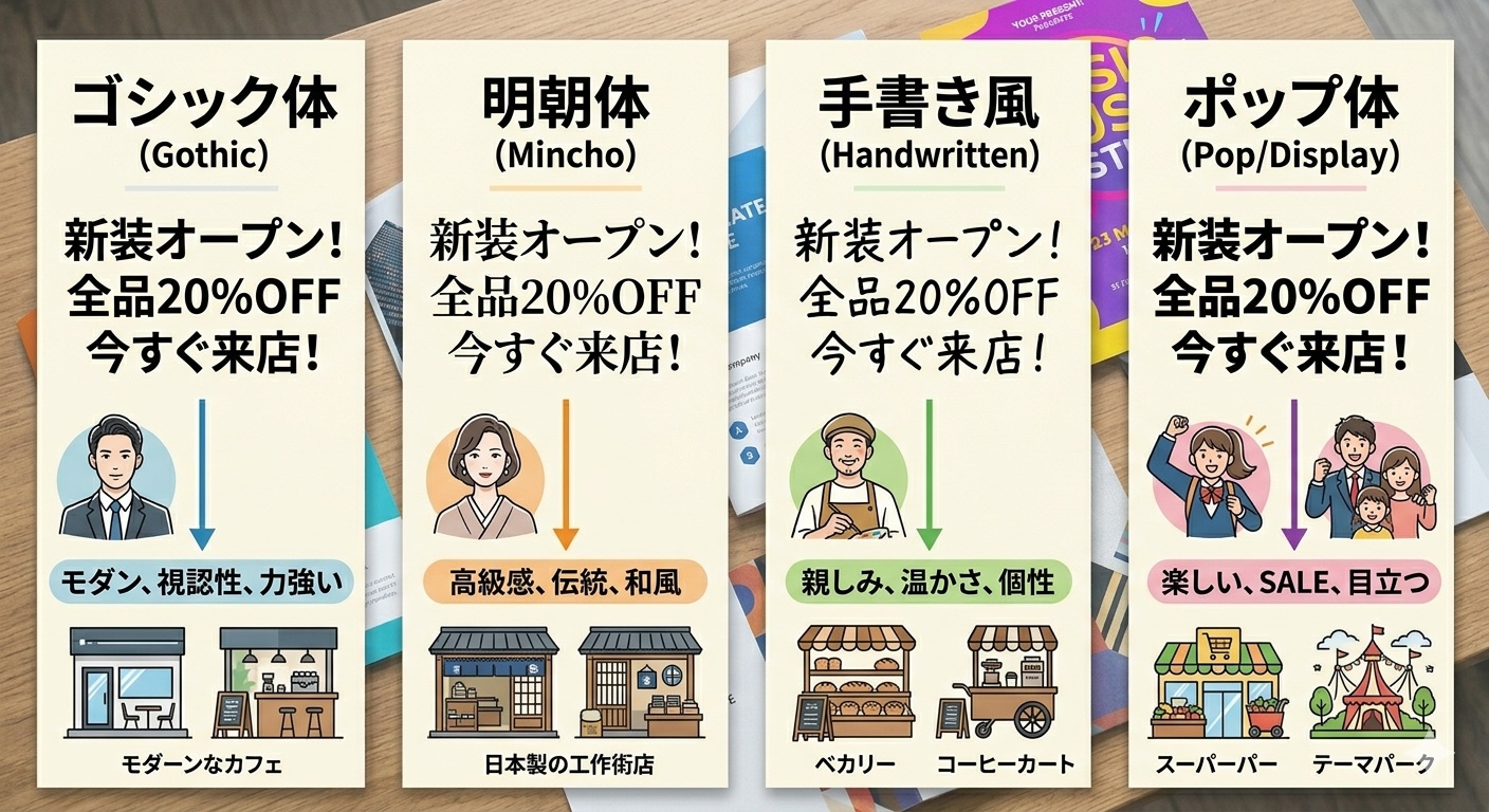 同じキャッチコピーをゴシック体・明朝体・丸ゴシック・手書き風フォントで並べた比較