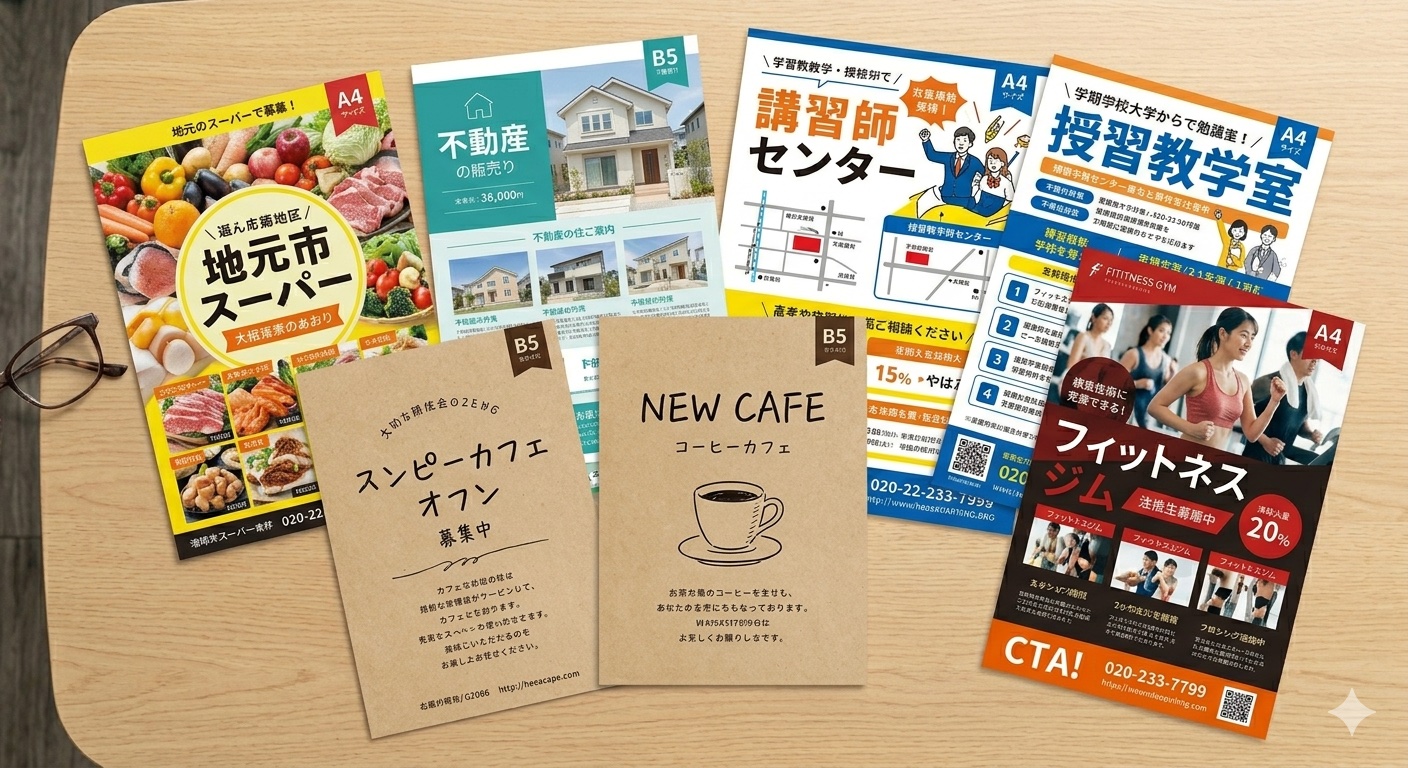 チラシの3つの基本レイアウト（Z型・N型・グリッド型）を並べた比較図