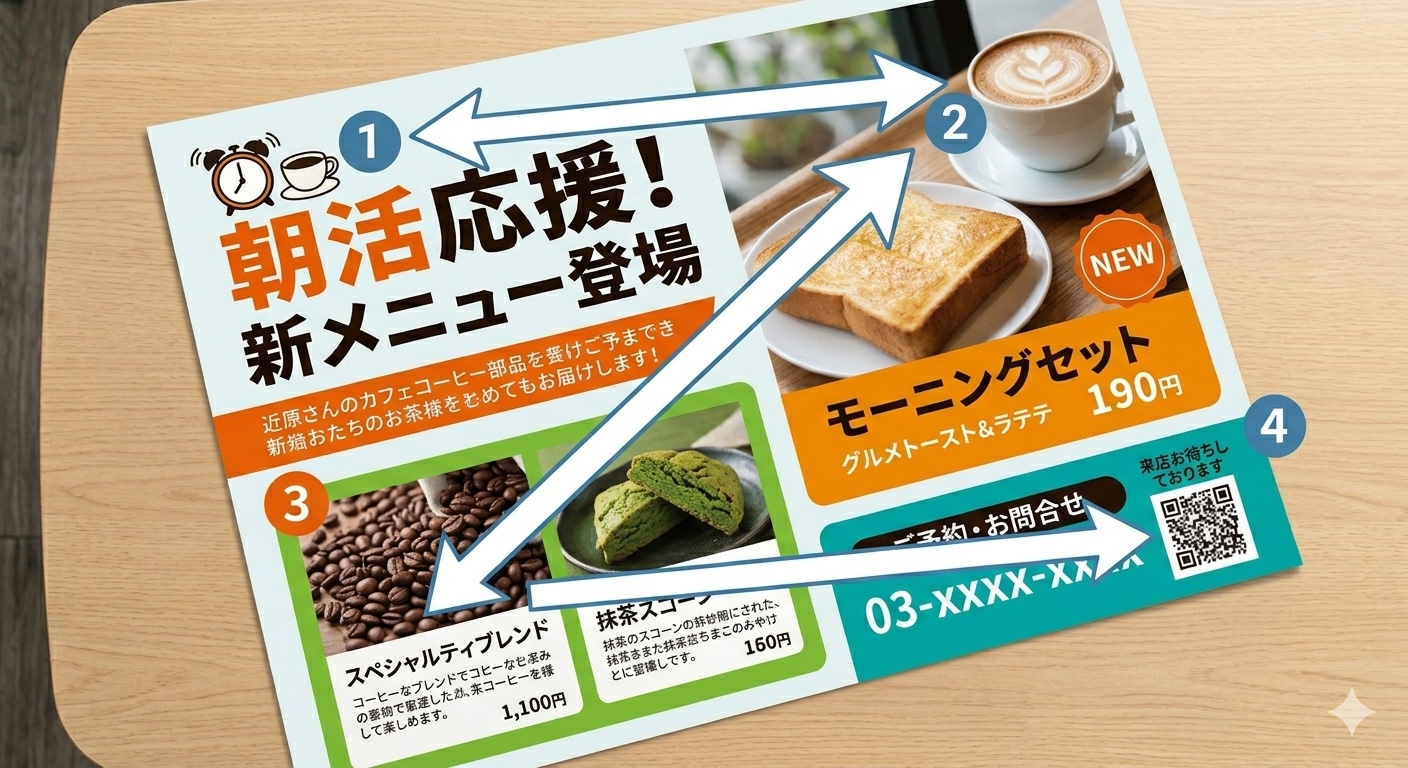 Zの法則に沿ってレイアウトしたチラシの実例（飲食店の開店チラシ）