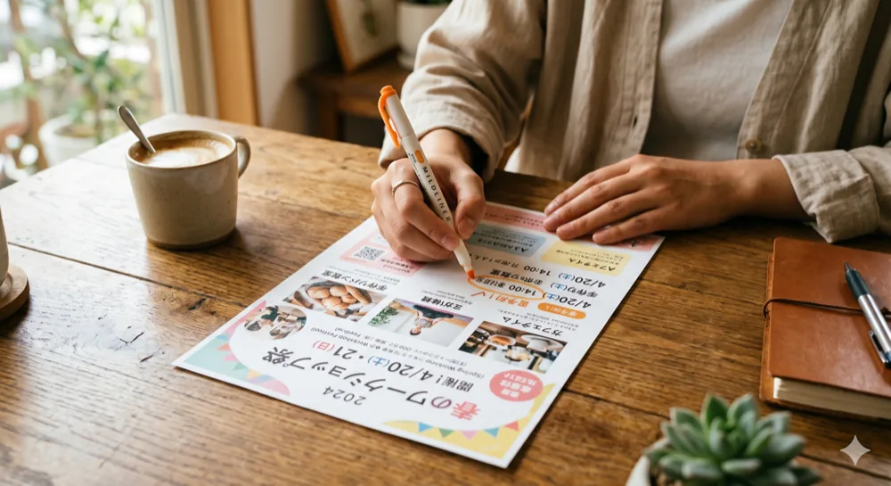 反応を高めるチラシデザインを検討する作業風景