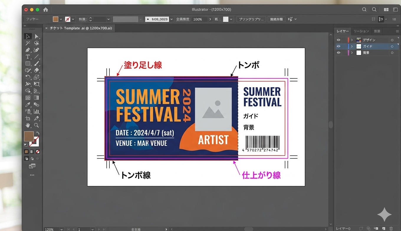 Illustratorでチケットテンプレートを開いた画面。トンボ・塗り足しライン・仕上がり線が表示されている