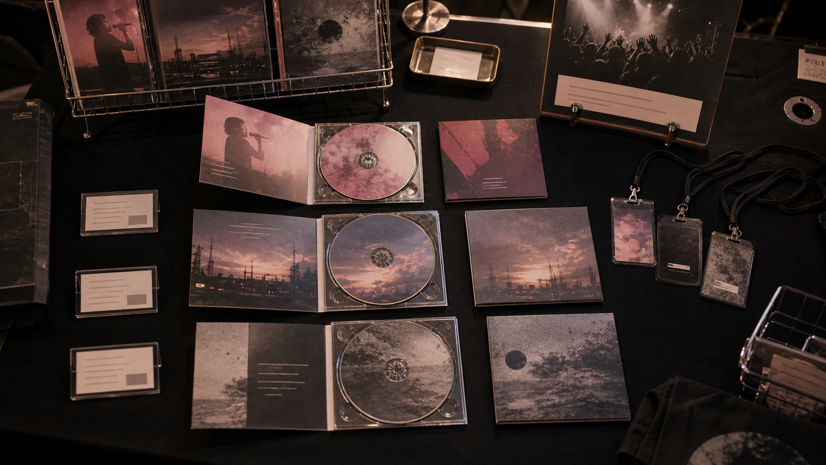 ライブ会場の物販テーブルにデジパックCDを並べた写真