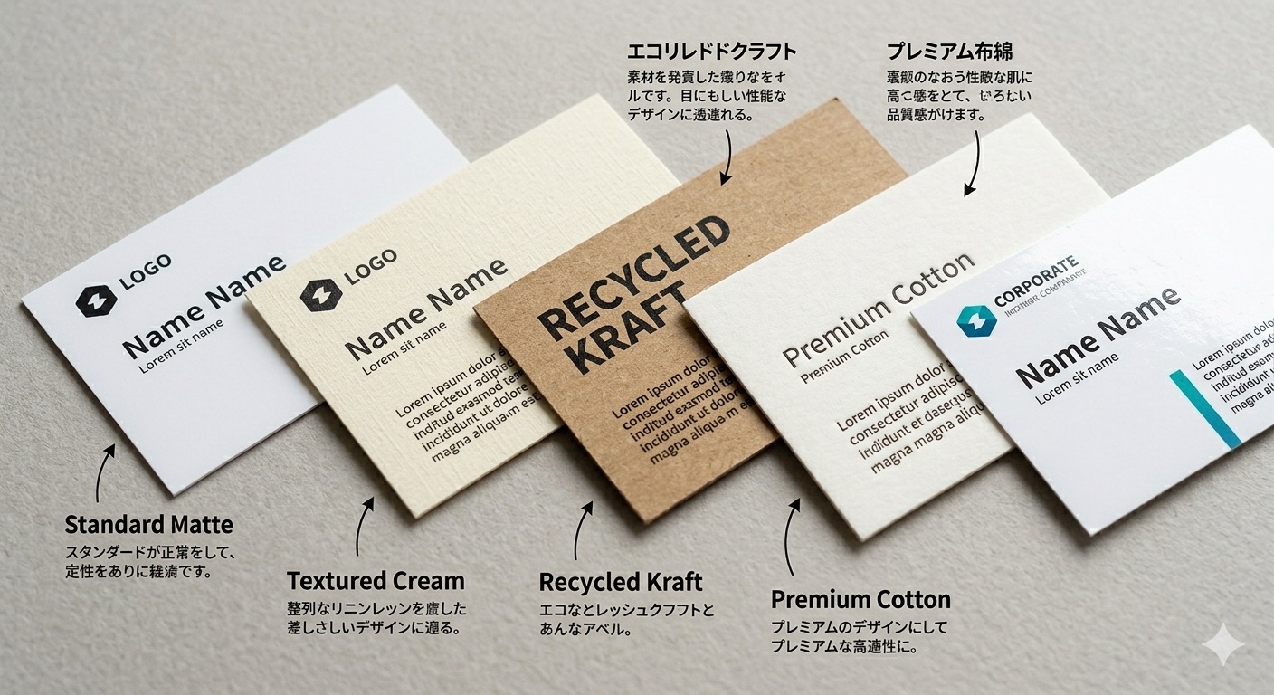 レイアウトの異なる名刺が5〜6枚、木目のデスクの上に並んでいる写真