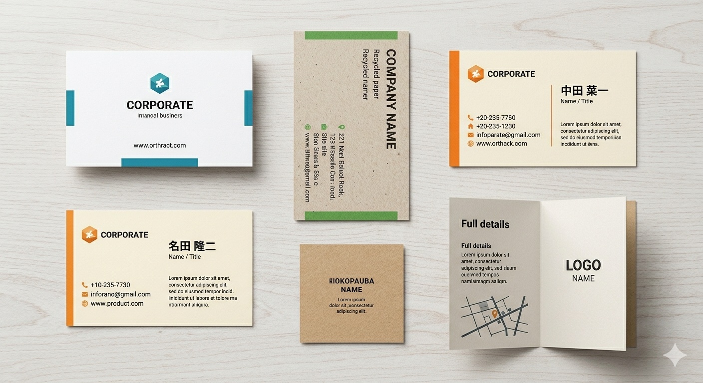 名刺の4つのレイアウトパターン（左寄せ・センター・縦型・二つ折り）を並べた比較図