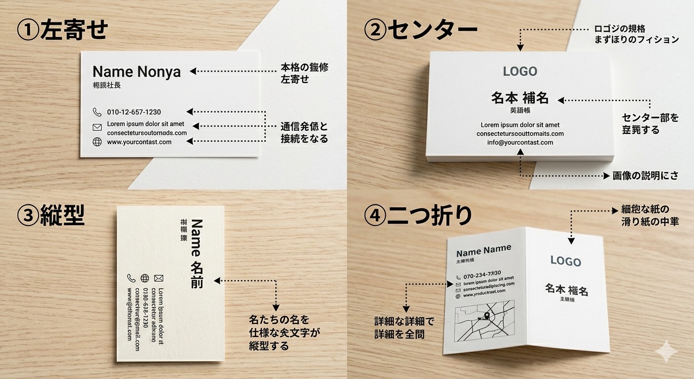 名刺用紙のサンプル比較写真（コート紙・マット紙・上質紙・特殊紙など5種類を並べたもの）