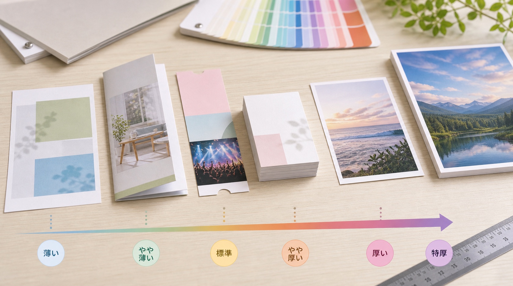 薄いチラシから厚手カードまで用途別の印刷物を並べた写真
