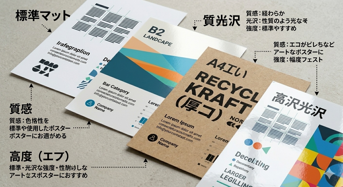 サイズの異なるポスターが壁に掲示されている写真（A1・A2・B2など）