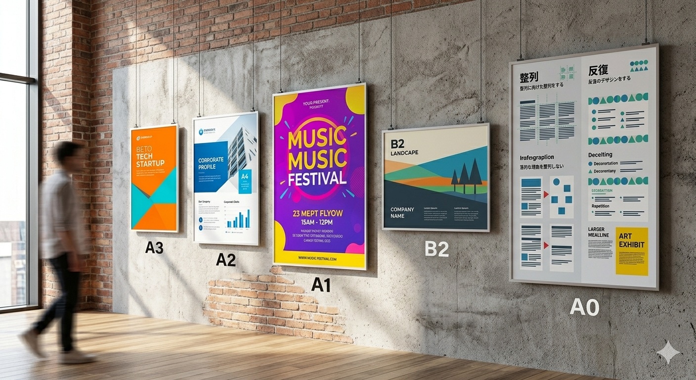 ポスターのサイズ比較（A3・A2・A1・A0・B2・B1を人物と並べたスケール図）