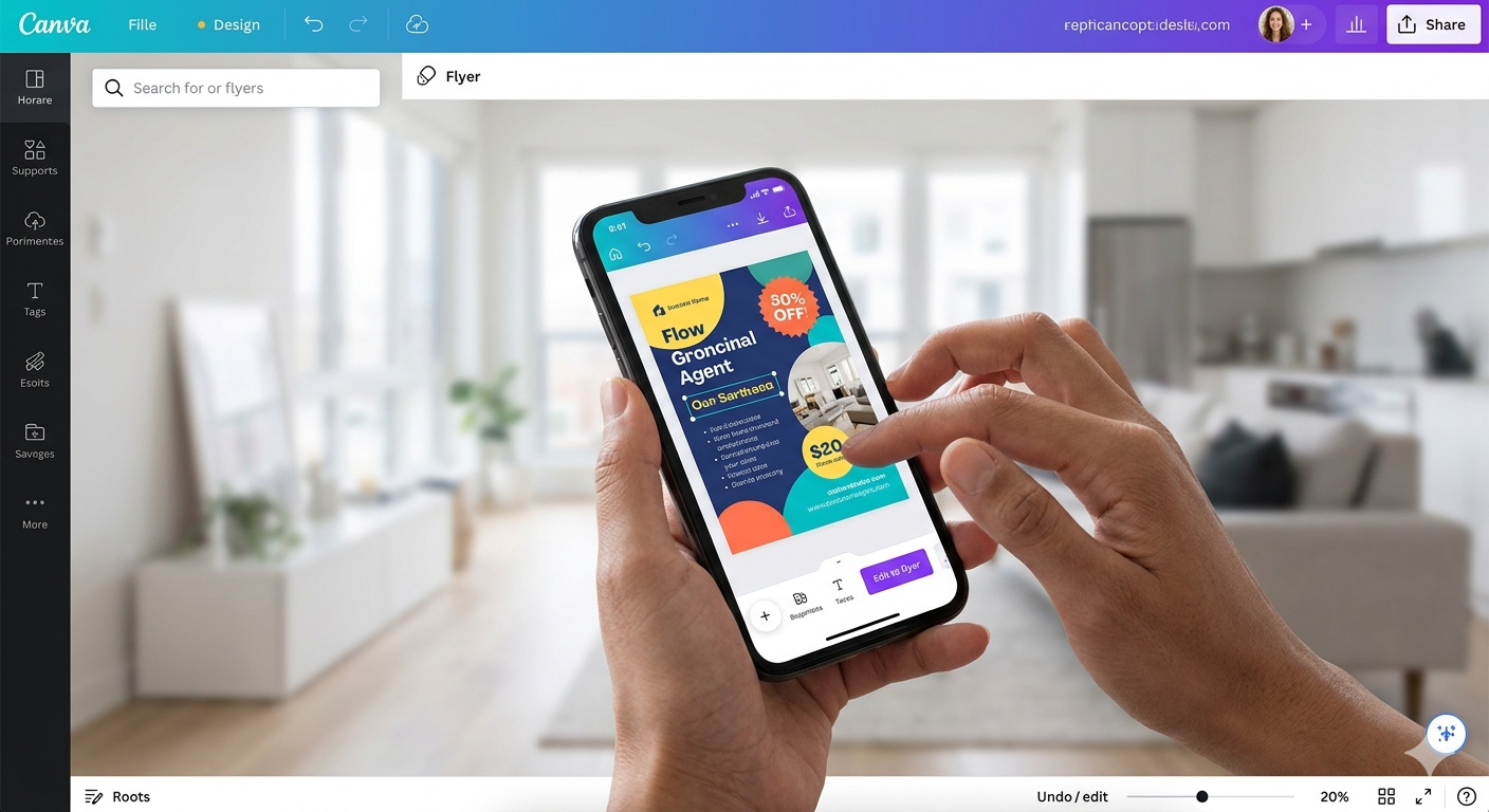 スマホのCanvaアプリでチラシデザインを編集している様子