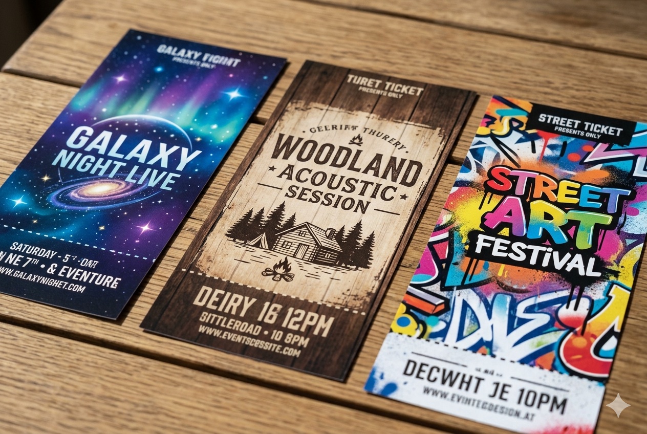 デザインセレクトのチケットデザイン例（星空・ウッド調・ストリート系など）