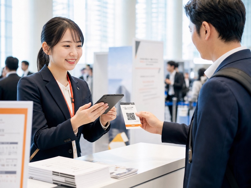 展示会受付でQRコード付きの紙の参加証を読み取る様子