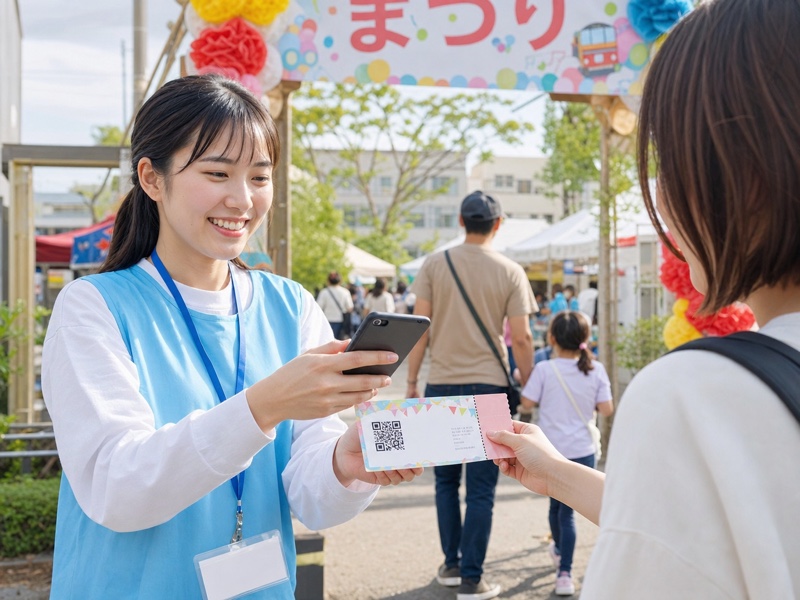 地域イベントの入口でQRコード付き入場券を読み取るスタッフ