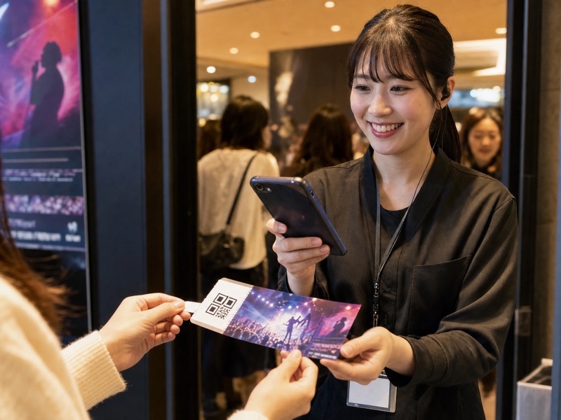 ライブ会場の入口で紙チケットのQRコードをスマホで読み取るスタッフ