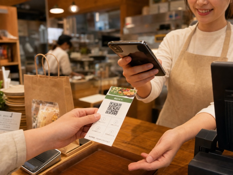 飲食店のレジでQRコード付き回数券をスマホで読み取る様子