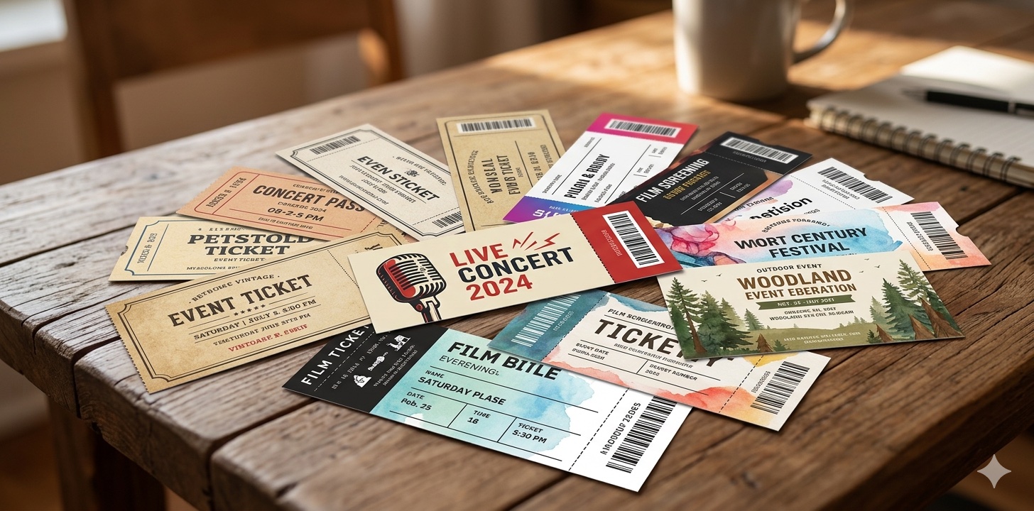 テンプレートとデザインセレクトで作った複数のチケットが並んでいる写真