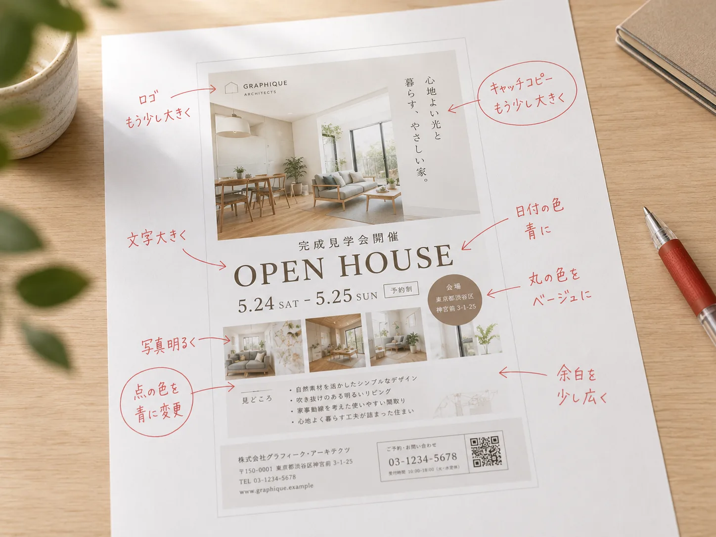 確認用画像に赤ペンで修正指示が書き込まれた紙の写真