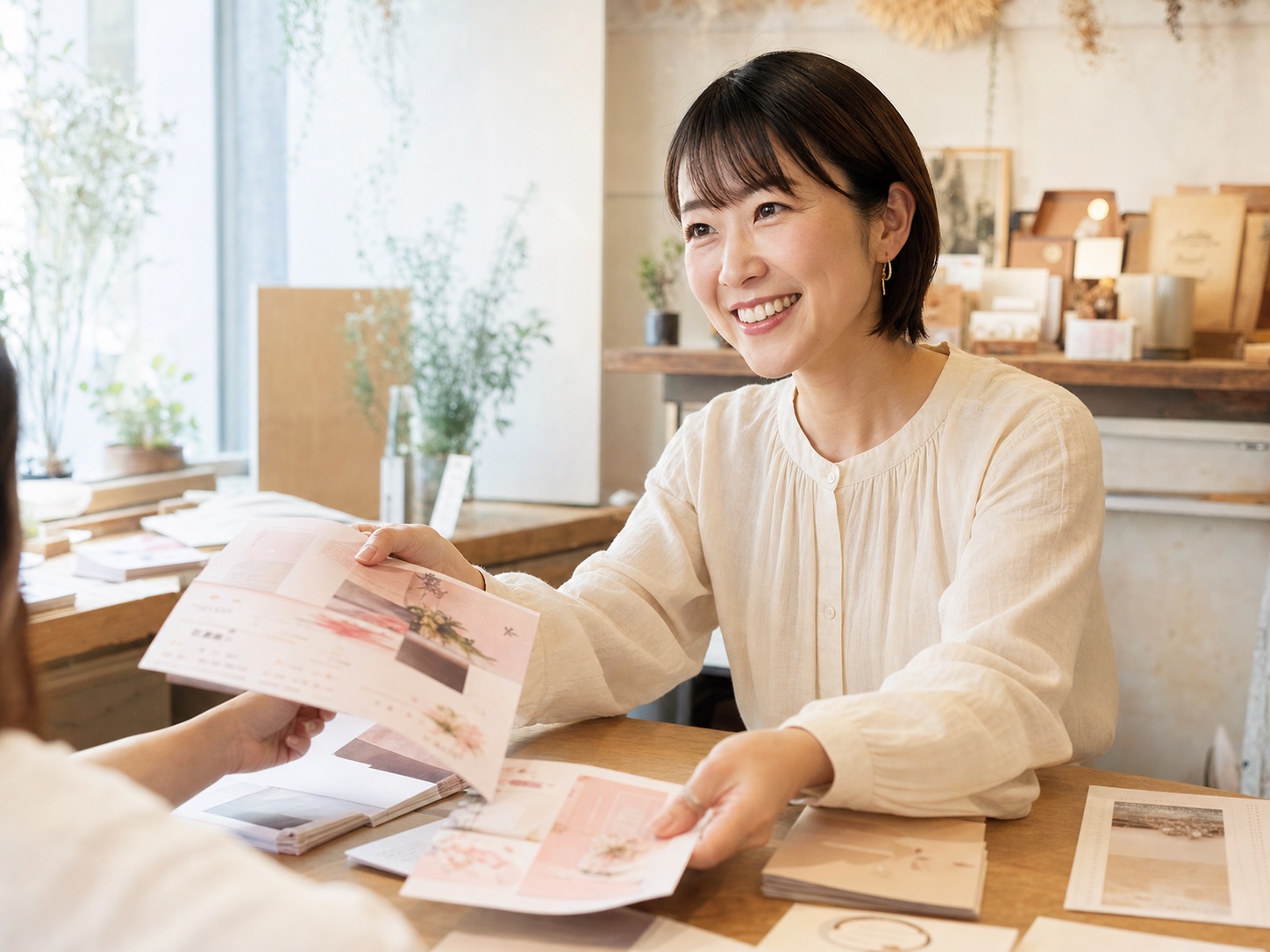 スタッフが印刷物サンプルを確認しながら相談に応じている写真