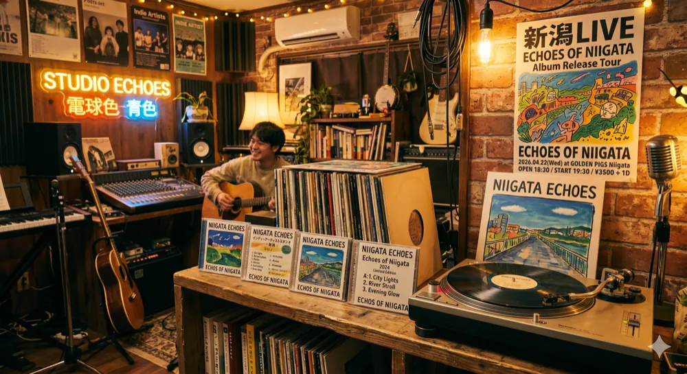 音楽活動向けのCDジャケットやポスターを並べた制作風景