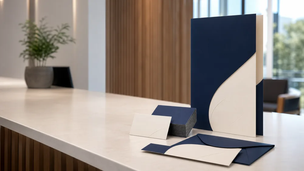 企業向けの会社案内パンフレットと名刺を並べた受付デスク