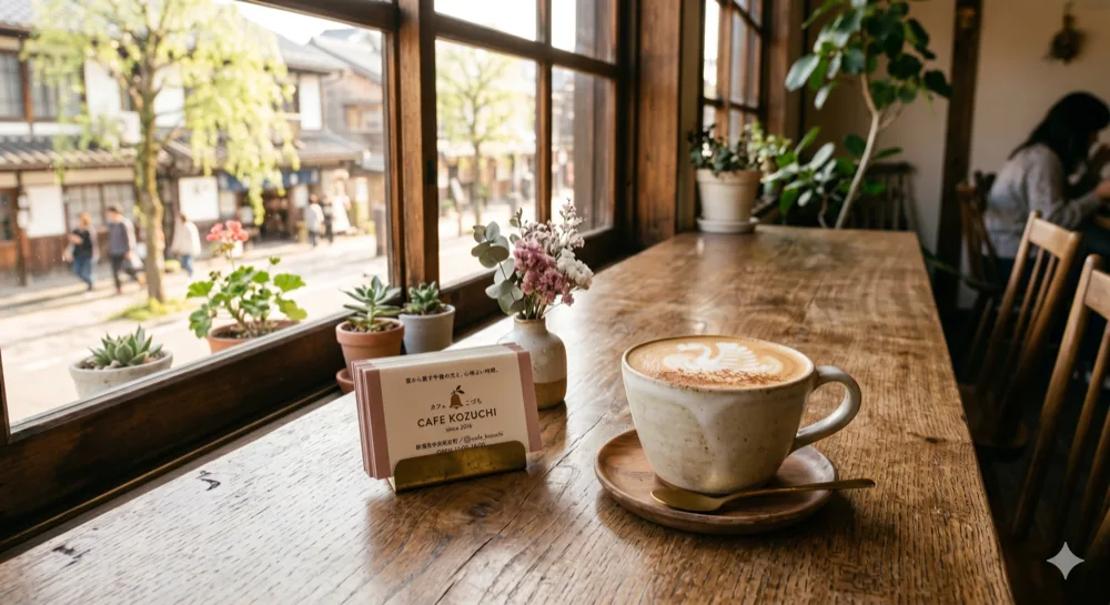 カフェのカウンターに置かれたショップカードとドリンク