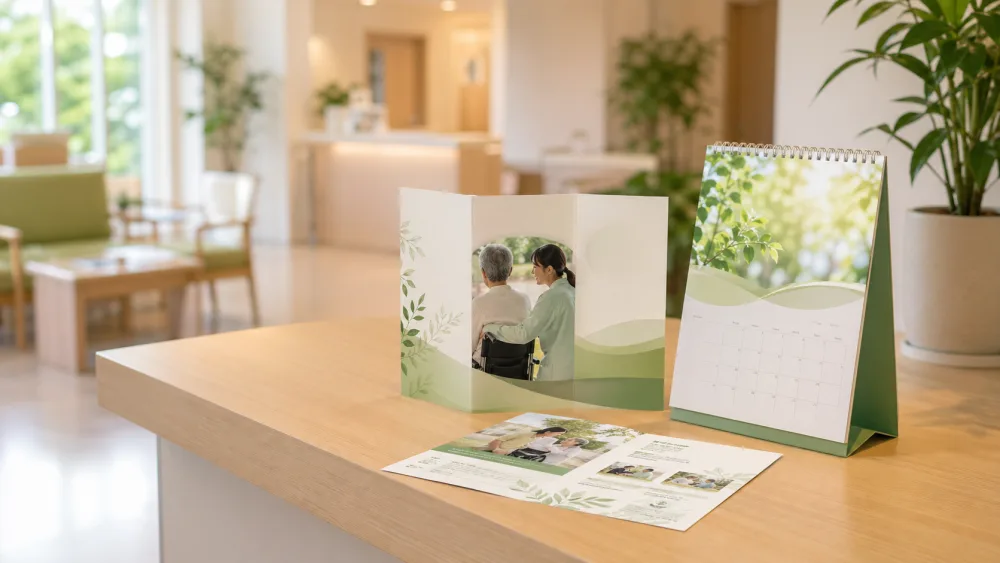 介護施設の案内パンフレットとカレンダーを置いたロビー